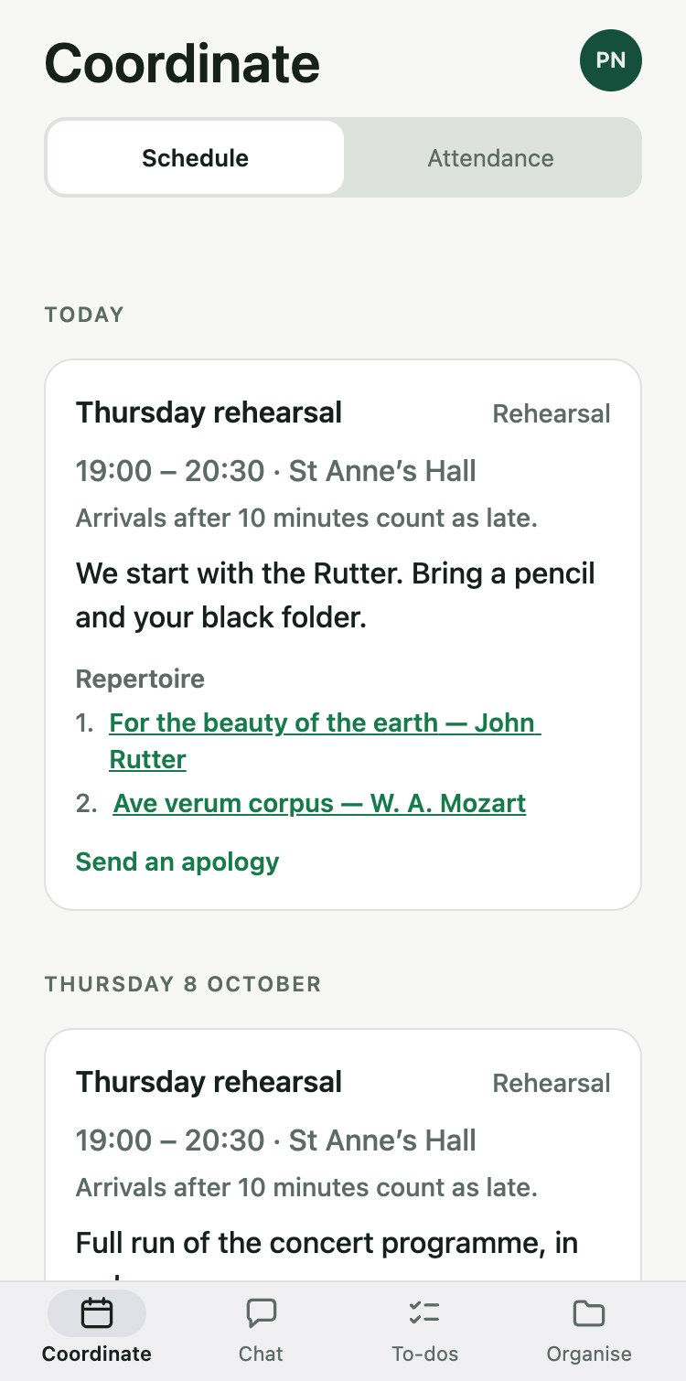 A member&rsquo;s calendar in AtChoir: tonight&rsquo;s rehearsal with a note from management and two pieces linked to their sheet music.